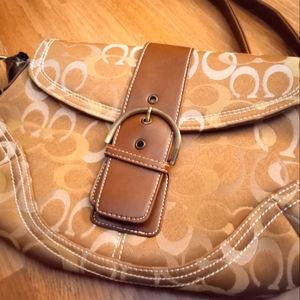 Brown leather/fabric COACH crossbody purse